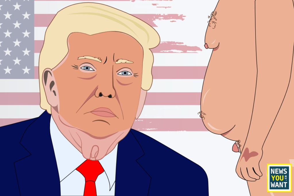 Donald J Trump facing forward in front of the American flag. A second undressed picture of him on the right.
