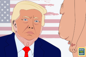 Donald J Trump facing forward in front of the American flag. A second undressed picture of him on the right.
