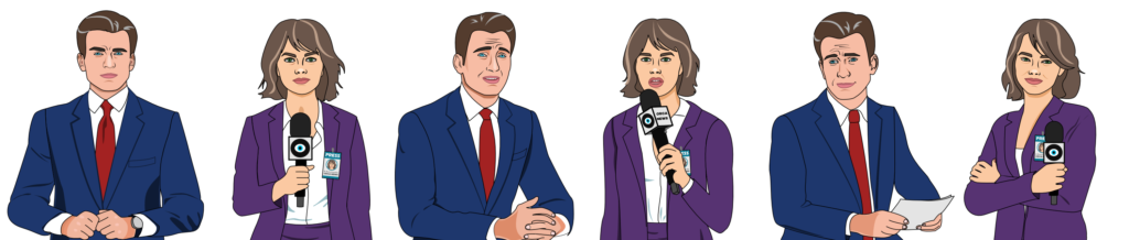 A row of Julio & Barbras, the fictional news anchor and reporter for ORCA News.