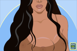 Kim K pictured from the nose to the breasts. Kim has a third breast.