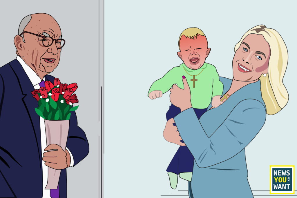 Karoline Leavitt is holding a screaming baby while Rupert Murdoch stands off to the side with a bouquet of roses. Karoline has vampire teeth.