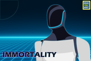 A Tesla Optimus robot with the word immortality across the bottom of the screen.